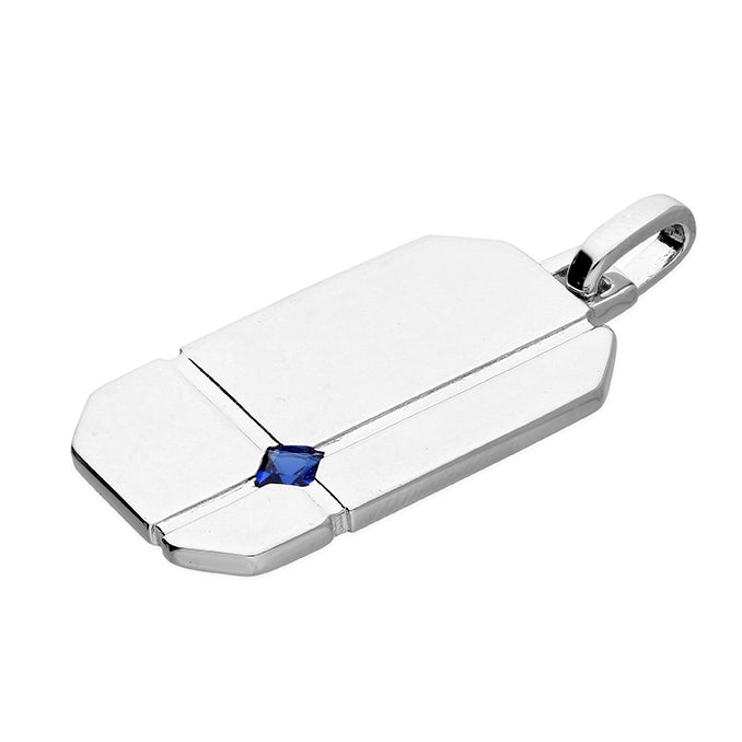 Silver Dog Tag with Blue Cubic Zirconia