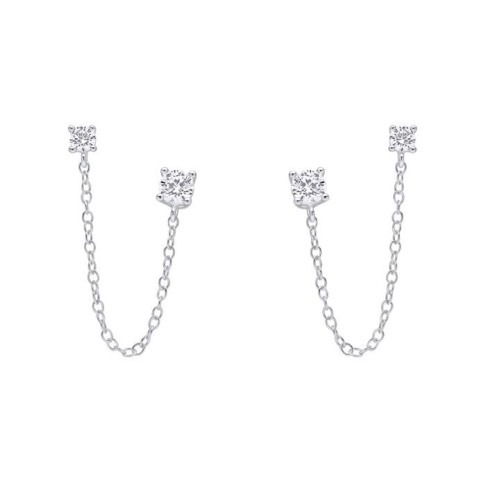 Sterling silver stud earrings with a delicate chain.