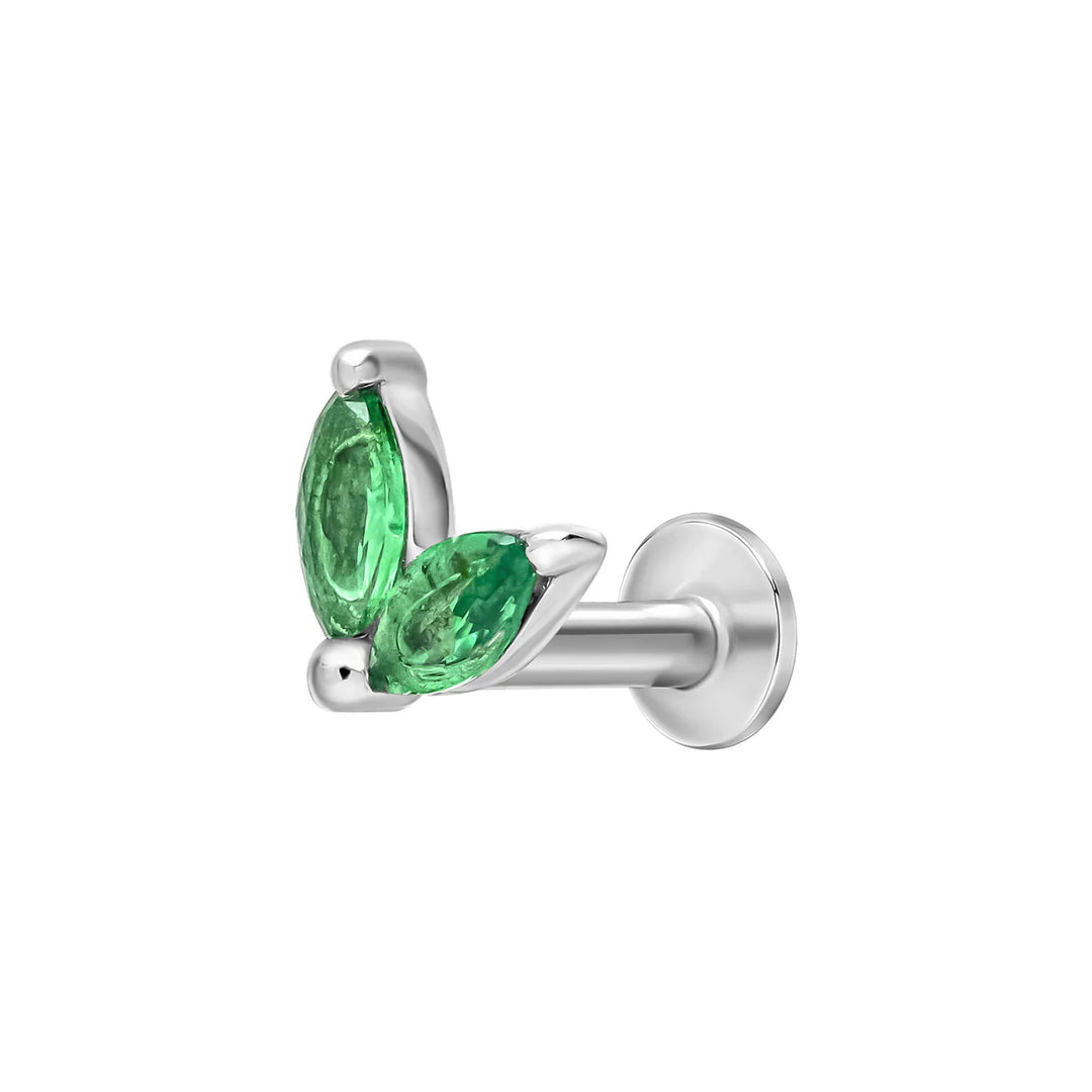 Silver Labret Earring Stud with Double Pear Crystal Stones