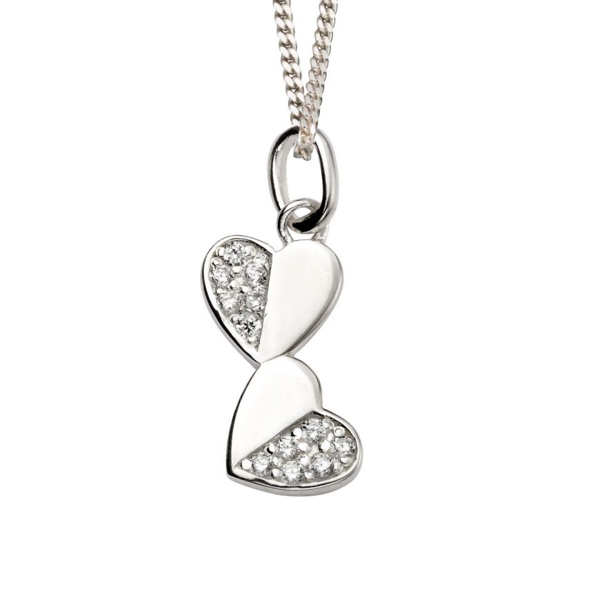 Silver Double Heart Drop Pendant with CZ