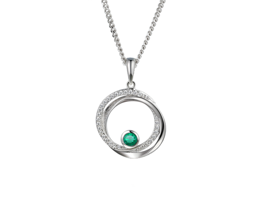 silver and cz entwined circles necklace with real emerald - Carathea