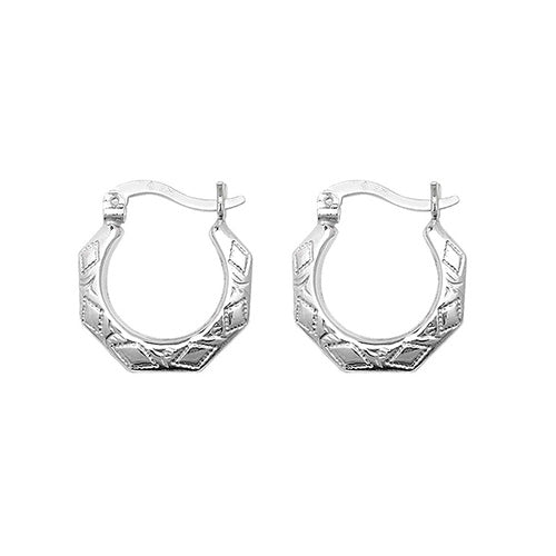 silver engraved hexagonal creole earrings | Carathea