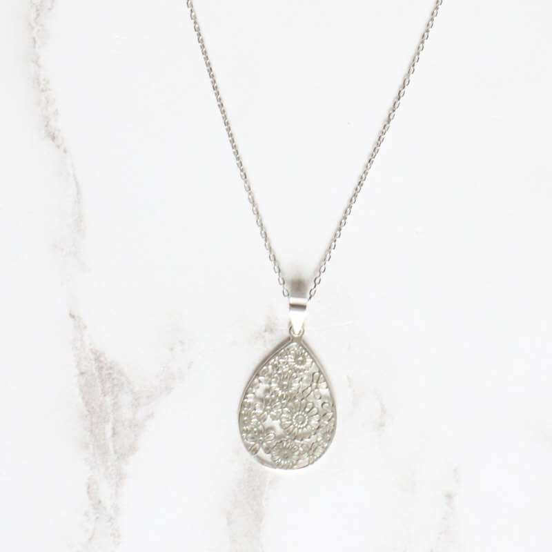 Silver teardrop filigree flower pendant - Carathea jewellers