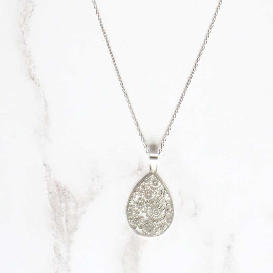 silver teardrop filigree flower pendant - Carathea jewellers