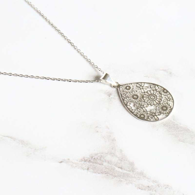 silver teardrop filigree flower pendant - Carathea jewellers