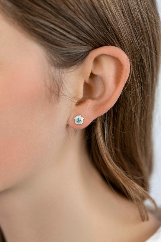 silver flower stud earrings with blue topaz - Carathea jewellers