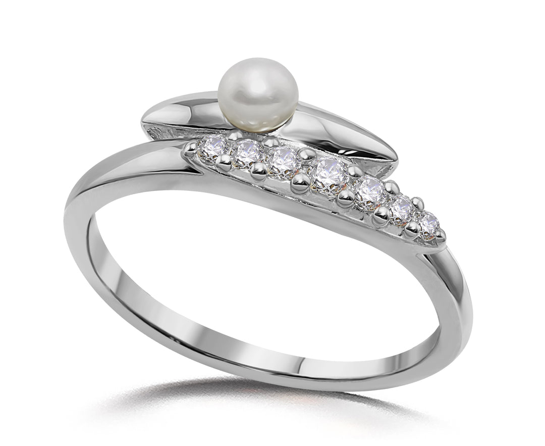 silver ring with cubic zirconia and freshwater pearl -Carathea jewellers