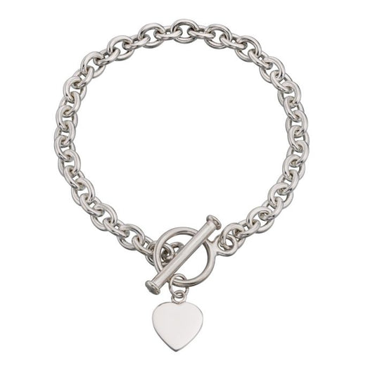 silver heavy bracelet with heart charm and T-bar fastener  - Carathea jewellers