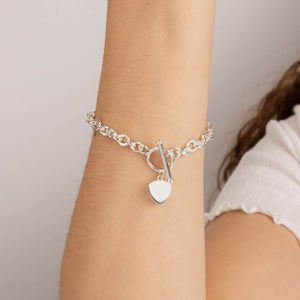 silver heavy bracelet with heart charm and T-bar fastener  - Carathea jewellers