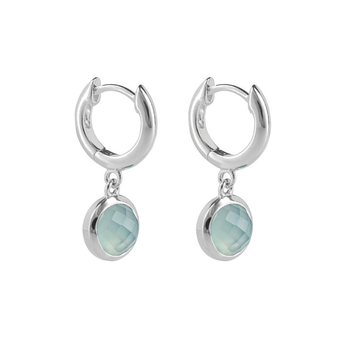Silver Hoop Earrings with Round Blue Chalcedony Charm