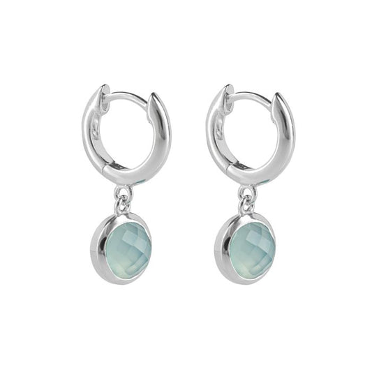 Silver Hoop Earrings with Round Blue Chalcedony Charm