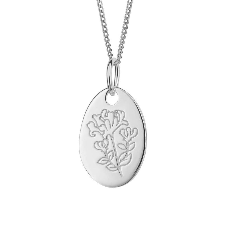 silver honesuckle flower engraved oval pendant - carathea
