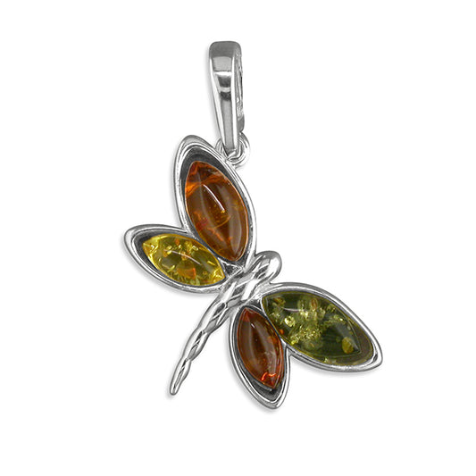 Silver Mixed Amber Dragonfly Pendant