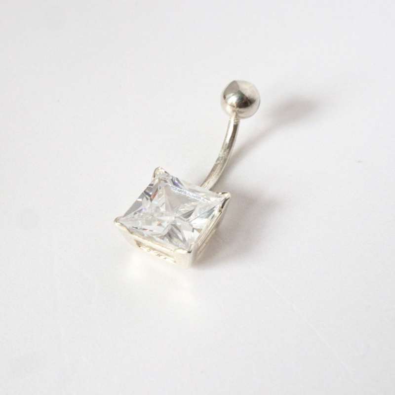 Silver navel bar with square cz and ball - Carathea jewellers