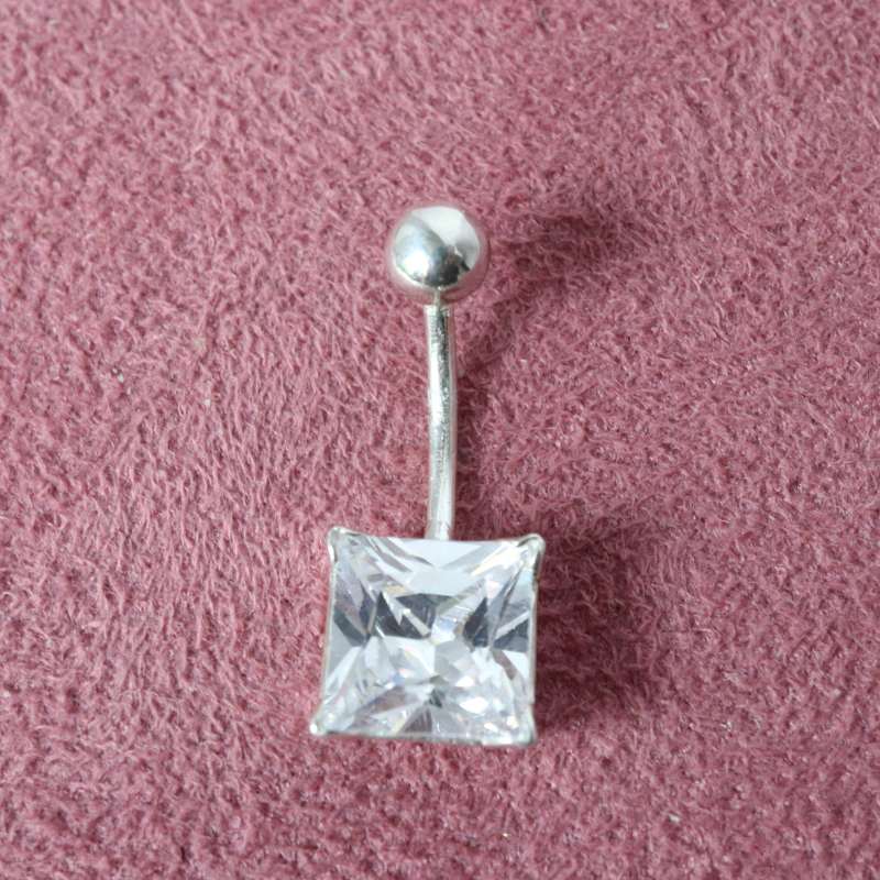 Silver navel bar with square cz and ball - Carathea jewellers