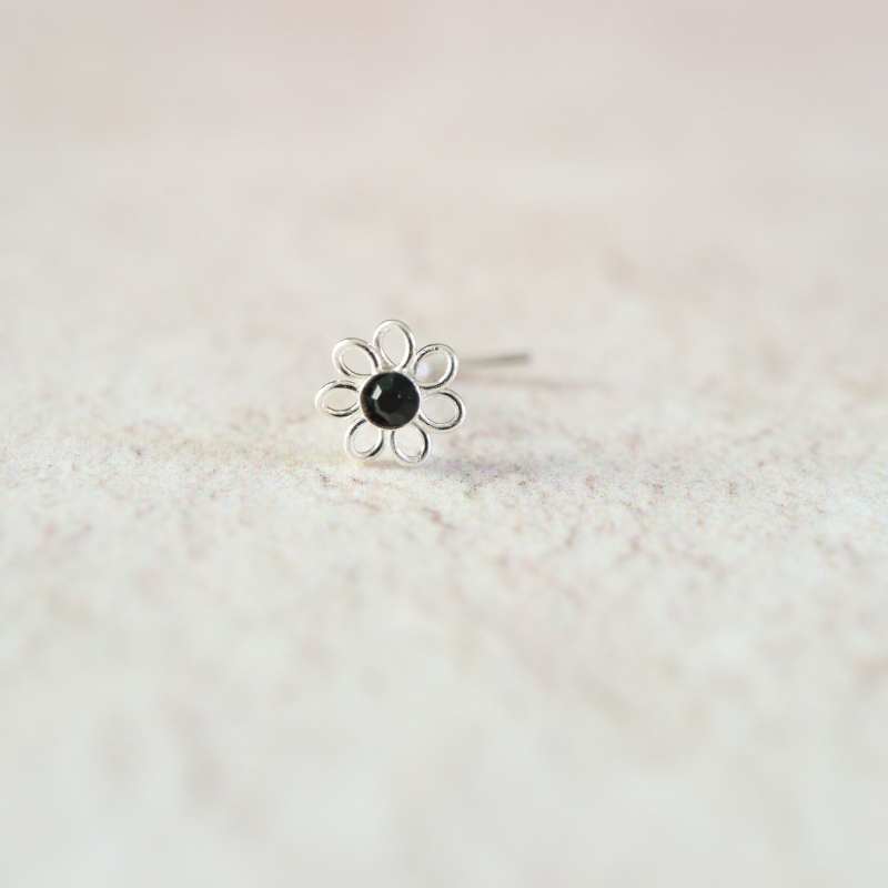 Silver Open Flower Nose Stud with Central Crystal