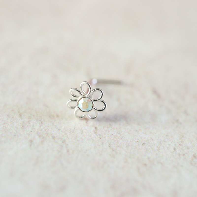 Silver Open Flower Nose Stud with Central Crystal