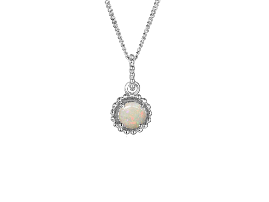 Opal halo pendant in sterling silver with adjustable chain.