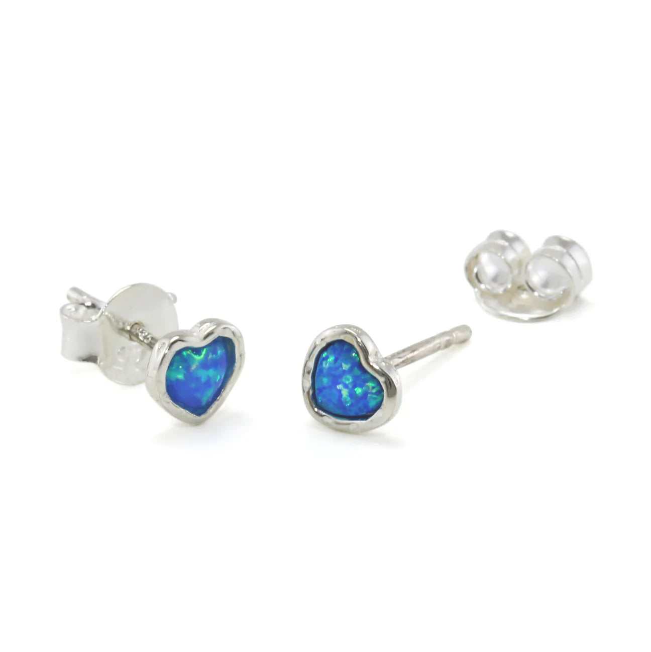 silver heart stud earrings set with Opalite stone - Earrings Carathea jewellers