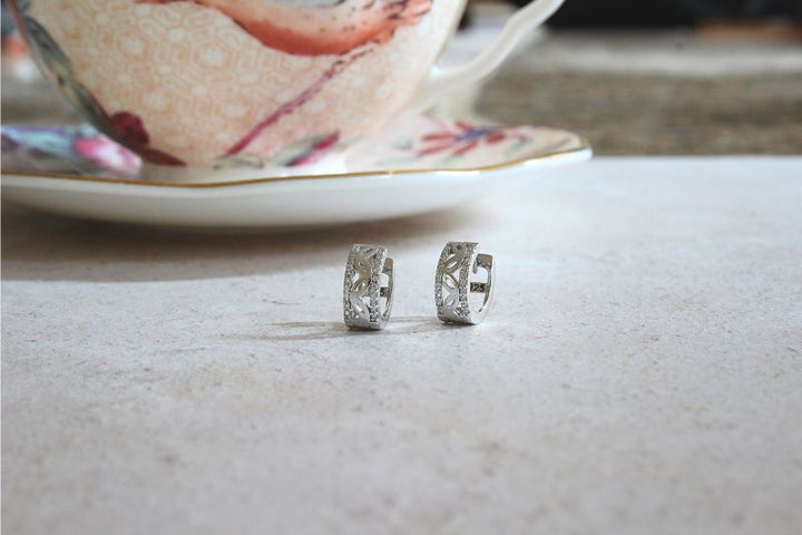 silver openwork huggie earrings with CZ edges - Carathea jewellers