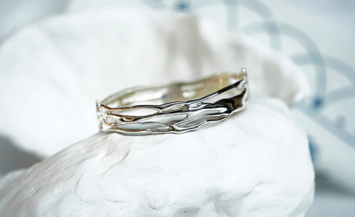 Silver Hinged Wide Organic Bangle Carathea Jewellers