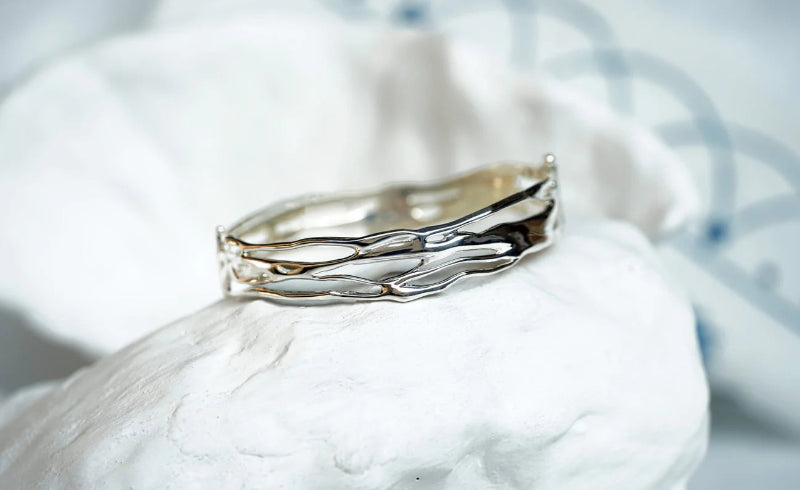 Silver Hinged Wide Organic Bangle Carathea Jewellers 