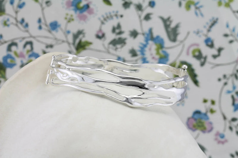 Silver Hinged Wide Organic Bangle Carathea Jewellers