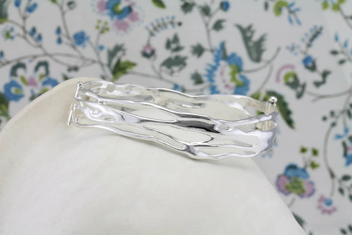 Silver Hinged Wide Organic Bangle Carathea Jewellers