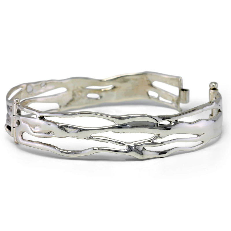Silver Hinged Wide Organic Bangle Carathea Jewellers