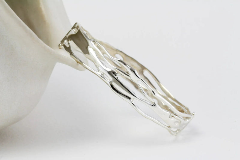 Silver Hinged Wide Organic Bangle Carathea Jewellers 