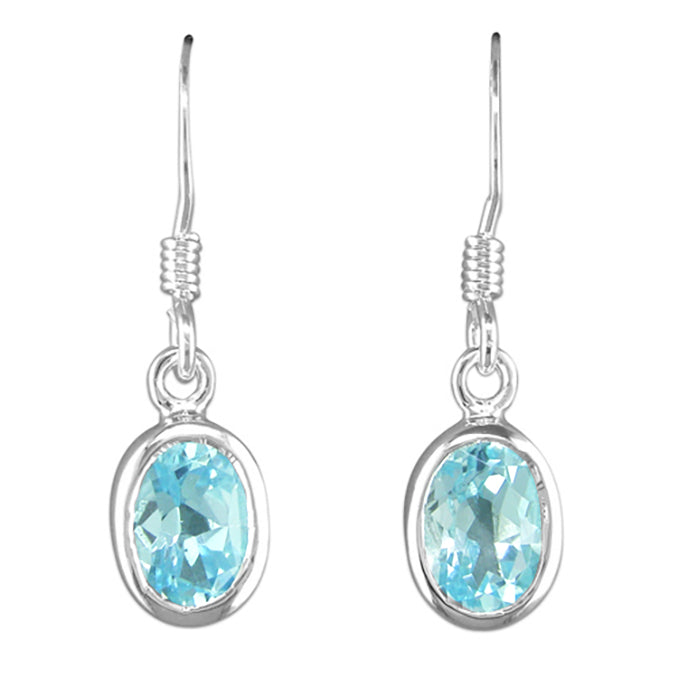 Silver Hook Drop Earrings with Oval Blue Topaz