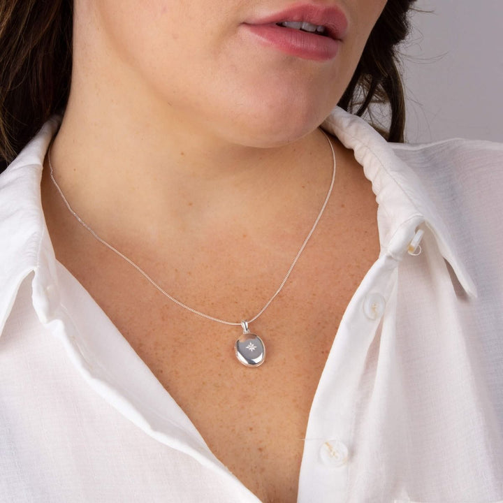 Silver Starburst Oval Locket with Cubic Zirconia