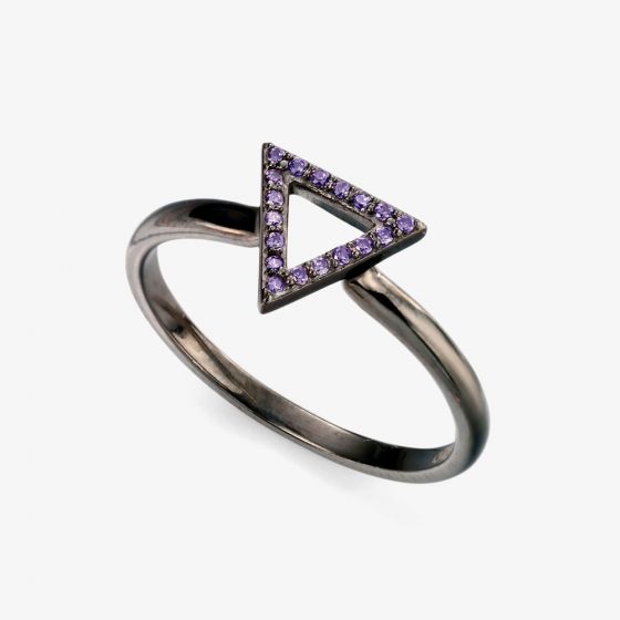 Rhodium on Silver Ring with Open Purple Triangle