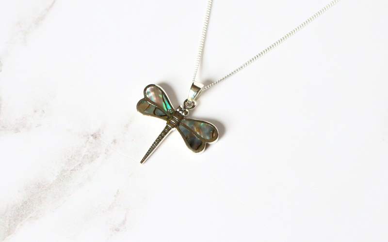 Silver and Paua Shell Dragonfly Pendant with Chain
