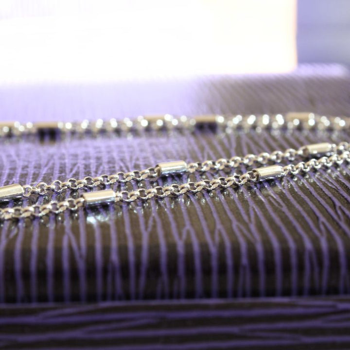 silver cylinder and rolo station chain necklace | Carathea