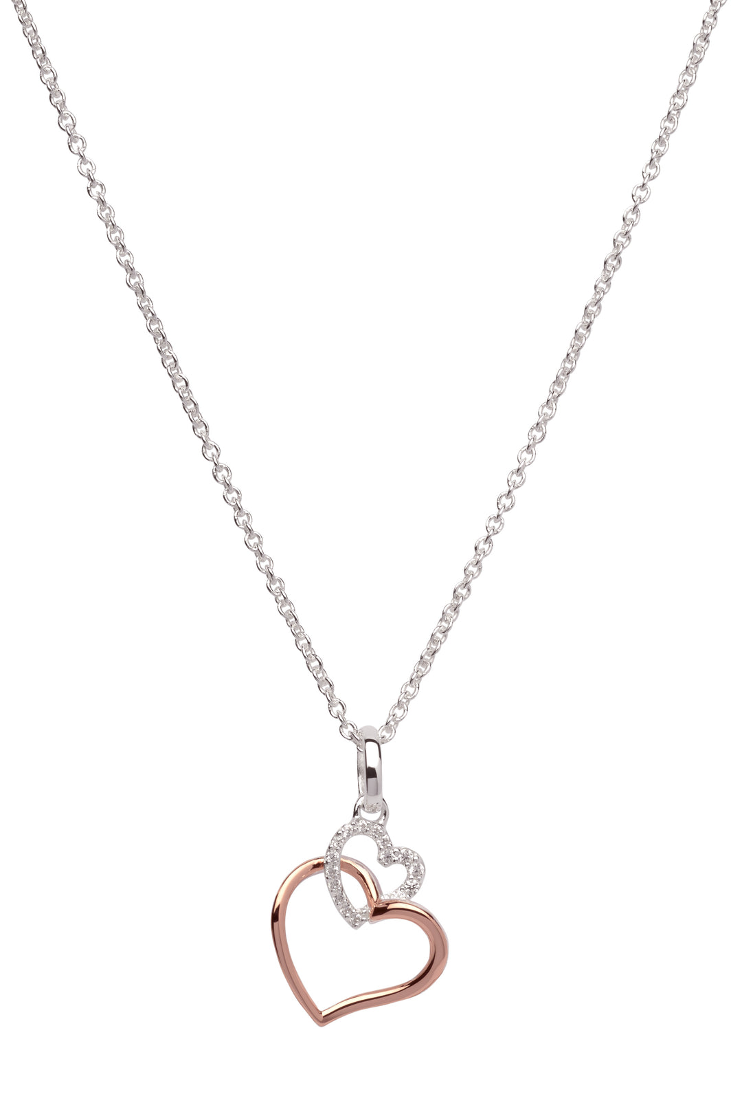 Two-tone heart pendant with silver and rose gold finish.