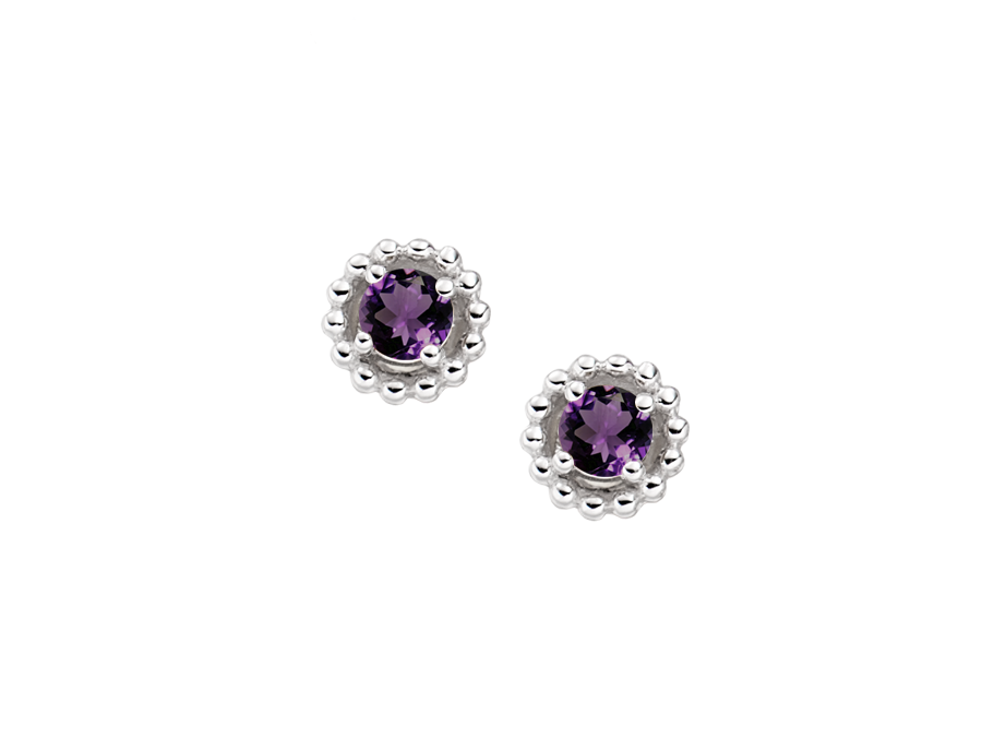 Amethyst stud earrings in sterling silver with beaded halo.