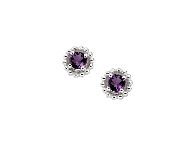 Amethyst stud earrings in sterling silver with beaded halo.