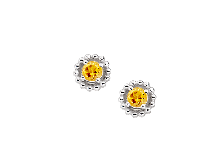 These citrine stud earrings feature round, three-millimeter citrine gemstones set in beaded, vintage-inspired sterling silver with Millgraine detailing - Carathea & Jools