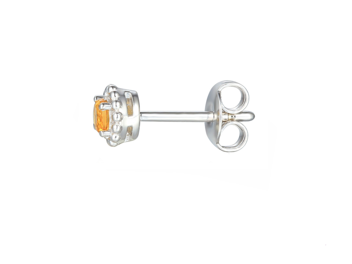 These citrine stud earrings feature round, three-millimeter citrine gemstones set in beaded, vintage-inspired sterling silver with Millgraine detailing.- Carathea & Jools