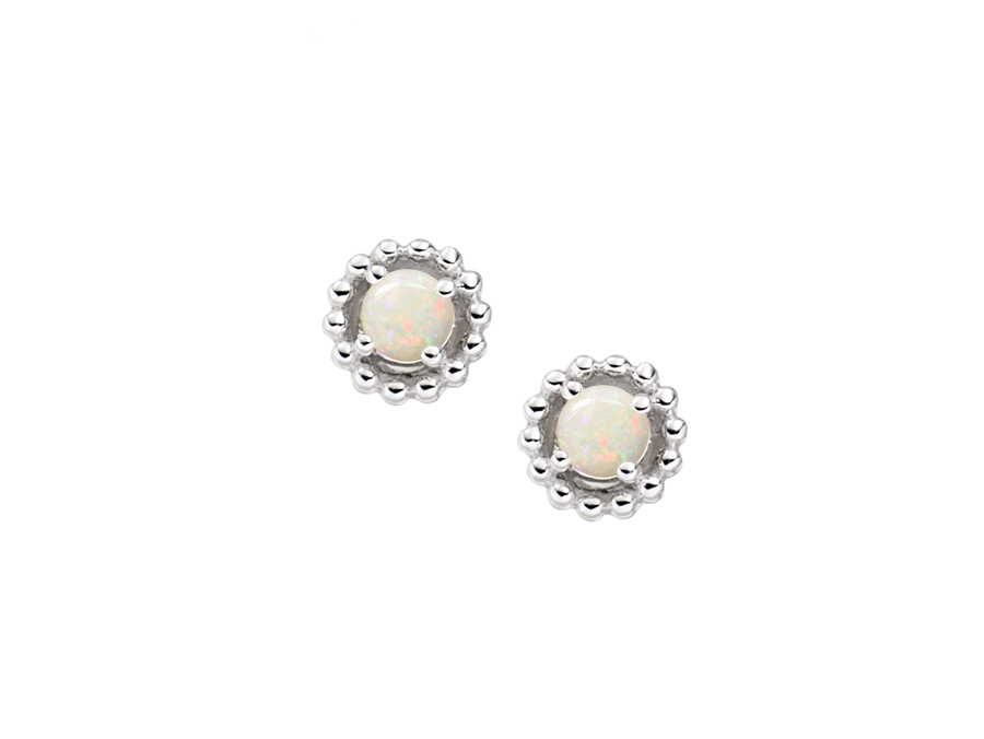These are sterling silver stud earrings with a 3mm round opal stone surrounded by a beaded silver frame - Carathea & Jools
