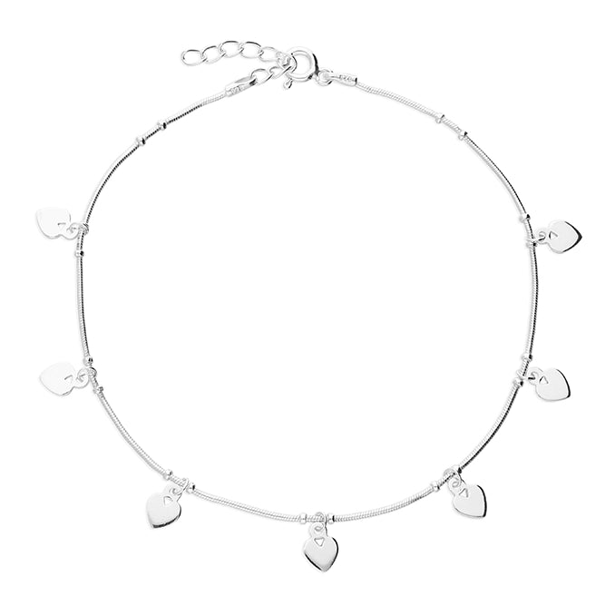 silver snake anklet with flat heart charm dangles - Carathea jewellers