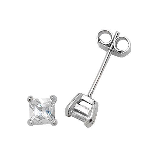 Silver 4 mm Square (Princess) CZ Stud Earrings