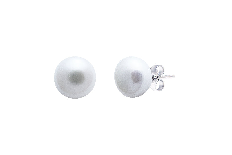 silver stud earrings with white button-shaped cultured river pearl - Carathea jewellers