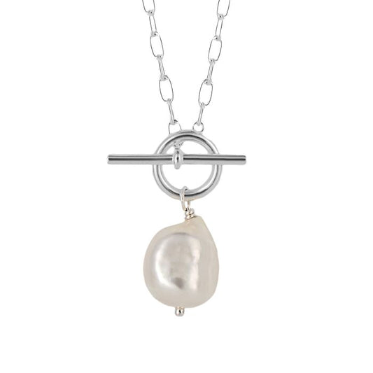 Silver T-Bar Chain Necklace with Baroque Pearl