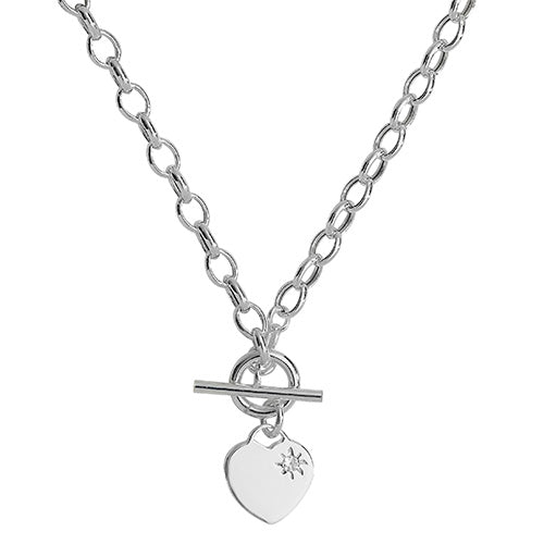 Silver T-Bar Necklace with heart charm CZ - Carathea jewellers