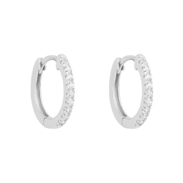 These are lightweight, sparkling, sterling silver hoop earrings plated with platinum and set with cubic zirconia stones - Carathea & Jools