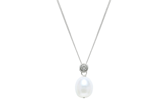 Silver Pendant with White River Pearl and Cubic Zirconia
