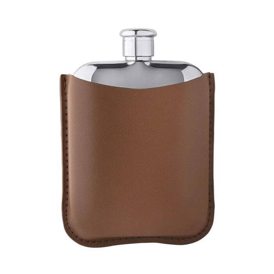 stainless steel hip flask with brown leather sleeve -Carathea jewellers