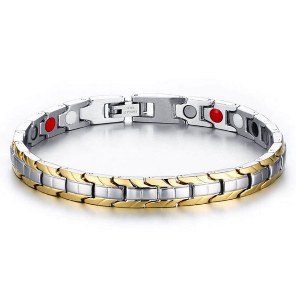 Two-tone stainless steel magnetic bracelet.